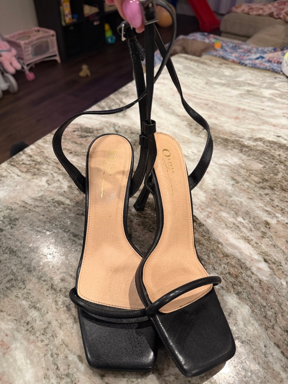 Black Strappy Square-Toe Stiletto Heels